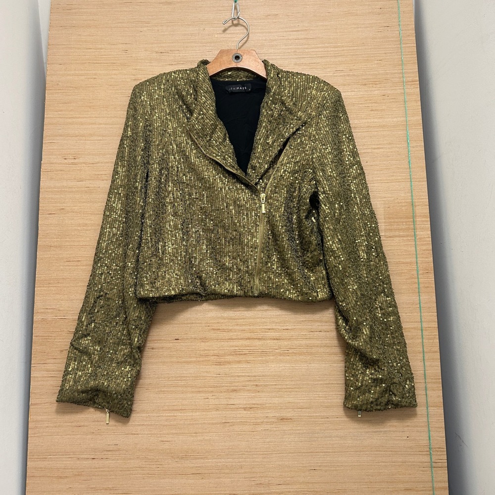 Isaipaes Gold Sequin Moto Jacket Cropped Asymmetrical Zip Size L